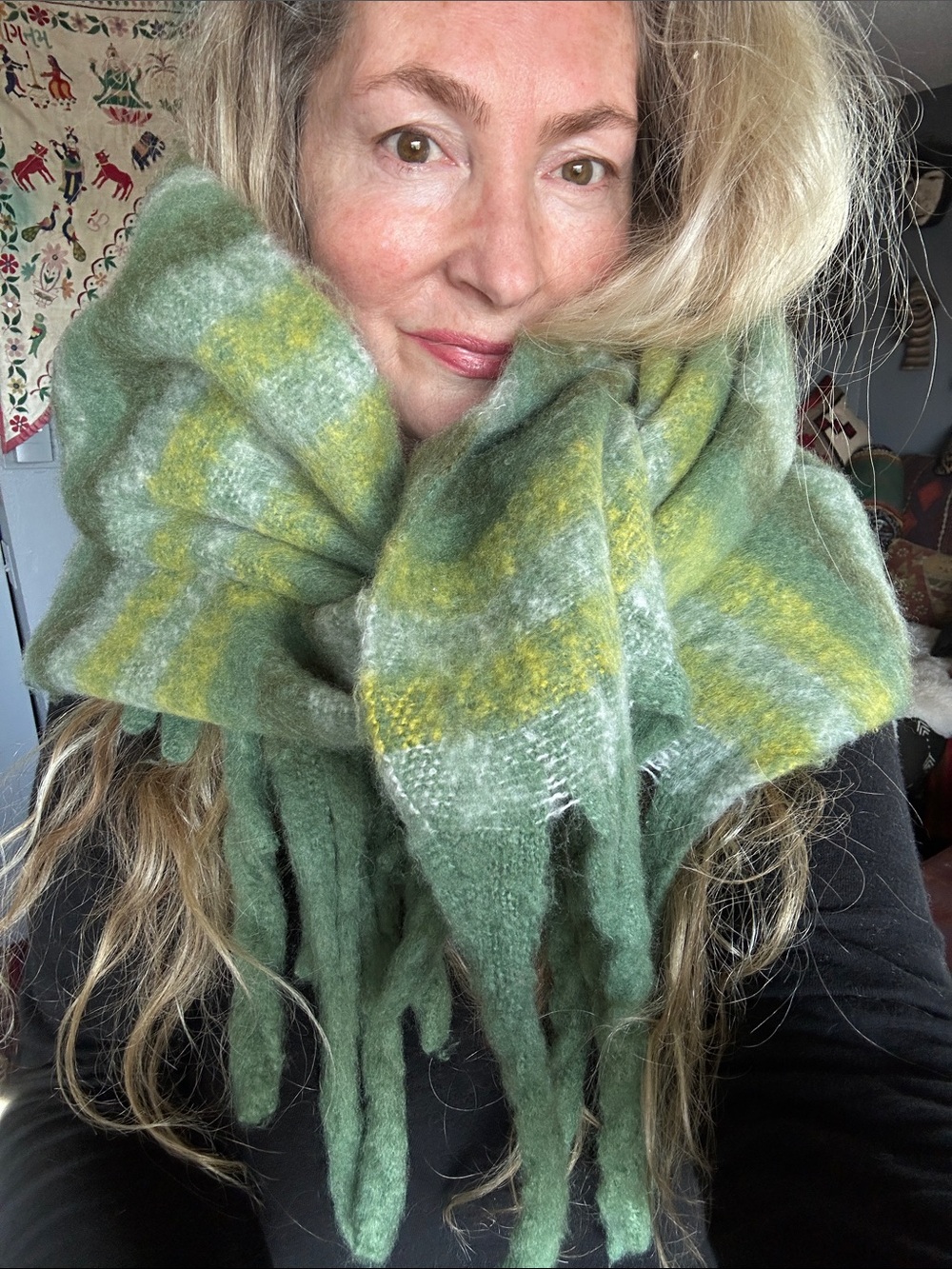 Cozy Green Mohair-Blend Fringe Scarf - Green